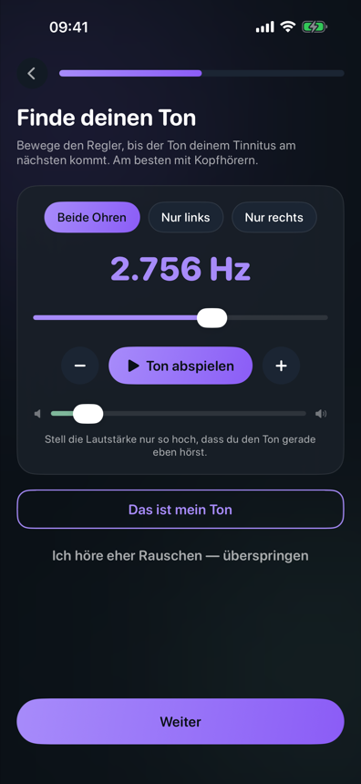 Stille App Screenshot: Tinnitus-Frequenz finden mit dem Ton-Matcher, pro Ohr messbar