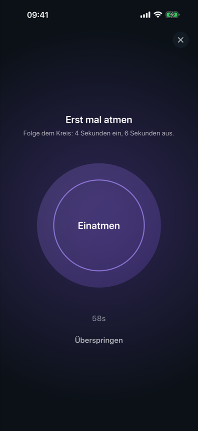 Stille App Screenshot: SOS-Soforthilfe mit geführter Atemübung bei lauten Tinnitus-Momenten