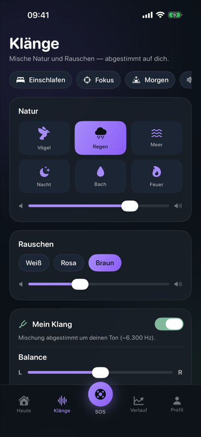 Stille App Screenshot: Klang-Mixer mit echten Naturklängen, Mein Klang und Balance-Regler